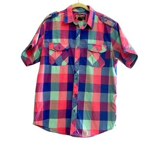 Blac Lacquer Short Sleeve Pink Blue Plaid Button Up Shirt L
